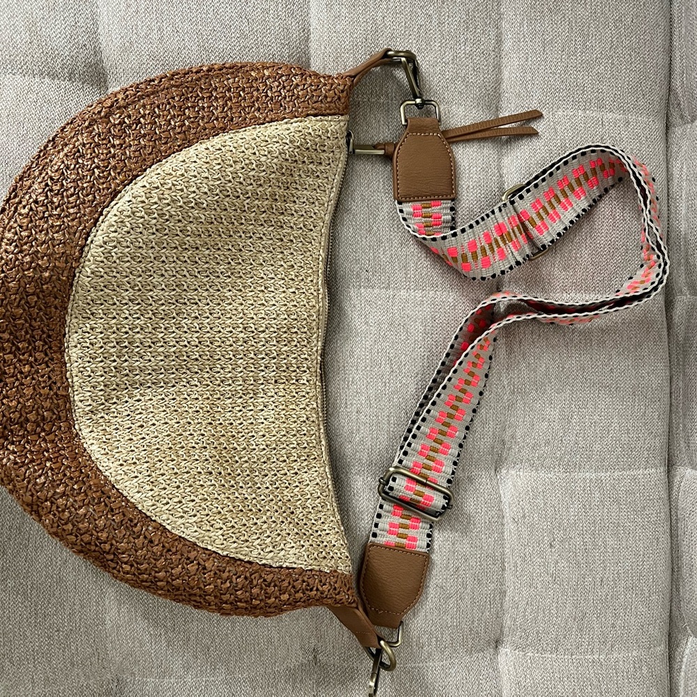 Woven Half-Moon Crossbody Bag with Colorful Strap